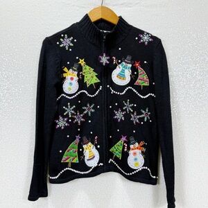 Carly St. Claire Snowman Christmas Sweater PM Black Zip Up Embellished